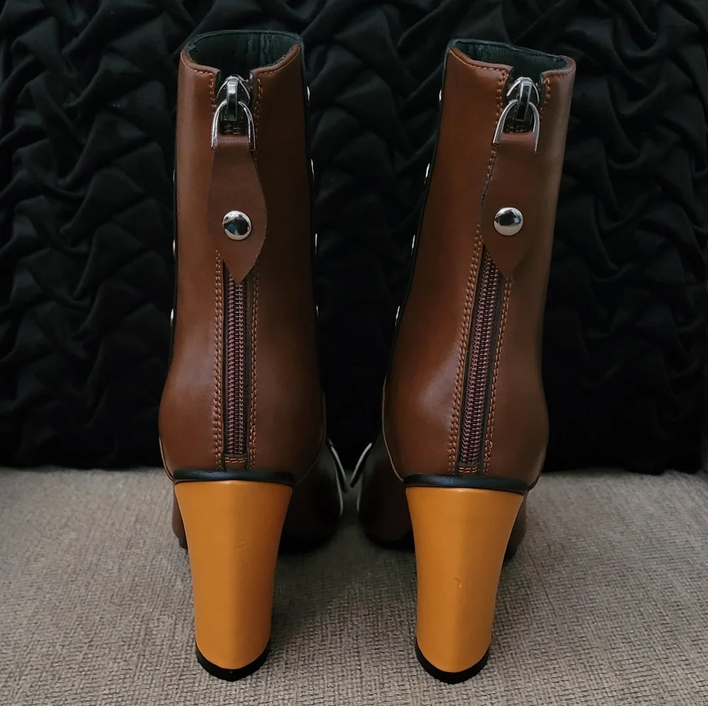 JOCHEBED HU GENUINE LEATHER RETRO STUDDED COLORBLOCK BOOTIES
